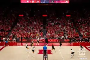 Nebraska Cornhusker Lindsay Krause (22) scores match point against the Stanford Cardinal for the sweep during a college volleyball match Wednesday, September 18, 2024, in Lincoln, Nebraska. Photo by John S. Peterson.