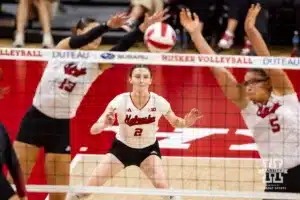 Nebraska Cornhusker Bergen Reilly (2) readies herself against the Stanford Cardinal in the third set during a college volleyball match Wednesday, September 18, 2024, in Lincoln, Nebraska. Photo by John S. Peterson.