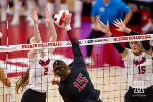 Nebraska Cornhusker Bergen Reilly (2) blocks Stanford Cardinal Ipar Kurt (15) in the third set during a college volleyball match Wednesday, September 18, 2024, in Lincoln, Nebraska. Photo by John S. Peterson.