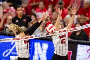 Nebraska Cornhusker Andi Jackson (15) blocks the ball against the Stanford Cardinal in the third set during a college volleyball match Wednesday, September 18, 2024, in Lincoln, Nebraska. Photo by John S. Peterson.