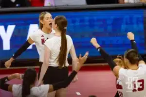 Nebraska Cornhusker Andi Jackson (15) celebrates a kill with Bergen Reilly in the second set during a college volleyball match Wednesday, September 18, 2024, in Lincoln, Nebraska. Photo by John S. Peterson.