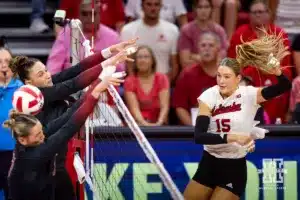 Nebraska Cornhusker Andi Jackson (15) spikes the ball against Stanford Cardinal in the second set during a college volleyball match Wednesday, September 18, 2024, in Lincoln, Nebraska. Photo by John S. Peterson.
