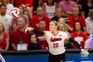 Nebraska Cornhusker Andi Jackson (15) spikes the ball against the Stanford Cardinal in the second set during a college volleyball match Wednesday, September 18, 2024, in Lincoln, Nebraska. Photo by John S. Peterson.