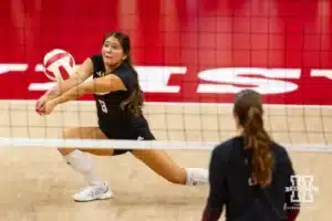 Nebraska Cornhusker Lexi Rodriguez (8) digs the ball against the Stanford Cardinal in the second set during a college volleyball match Wednesday, September 18, 2024, in Lincoln, Nebraska. Photo by John S. Peterson.