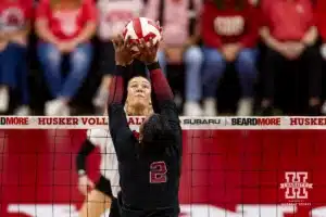 Nebraska Cornhusker Andi Jackson (15) battles at the net against Stanford Cardinal Kami Miner (2) in the second set during a college volleyball match Wednesday, September 18, 2024, in Lincoln, Nebraska. Photo by John S. Peterson.