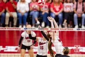 Nebraska Cornhusker Bergen Reilly (2) sets the ball against the Stanford Cardinal in the second set during a college volleyball match Wednesday, September 18, 2024, in Lincoln, Nebraska. Photo by John S. Peterson.