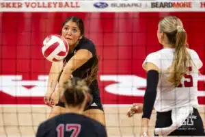 Nebraska Cornhusker Lexi Rodriguez (8) digs the ball against the Stanford Cardinal in the second set during a college volleyball match Wednesday, September 18, 2024, in Lincoln, Nebraska. Photo by John S. Peterson.