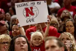 A young fan holding a sign before the Huskers take on the Stanford Cardinal during a college volleyball match Wednesday, September 18, 2024, in Lincoln, Nebraska. Photo by John S. Peterson.