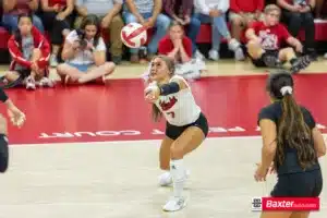 Nebraska Cornhusker Maisie Boesiger (7) digs the ball against Wichita State during the college volleyball match Saturday, September 15, 2024, in Lincoln, Nebraska. Photo Jaelle Johnson.