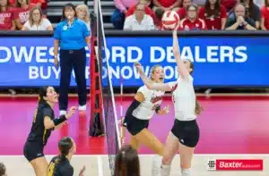 Nebraska Cornhusker Bergen Reilly (2) hits the ball over the net against Wichita State during the college volleyball match Saturday, September 15, 2024, in Lincoln, Nebraska. Photo Jaelle Johnson.