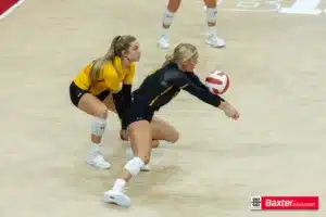 Wichita State’s Katie Galligan (6) digs the ball against Nebrasks during the college volleyball match Saturday, September 15, 2024, in Lincoln, Nebraska. Photo Jaelle Johnson.