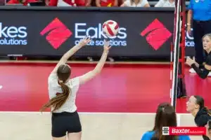 Nebraska Cornhusker Bergen Reilly (2) hits the ball over the net against Wichita State during the college volleyball match Saturday, September 15, 2024, in Lincoln, Nebraska. Photo Jaelle Johnson.