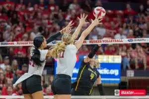 Nebraska Cornhusker Leyla Blackwell (11) and Harper Murray jump to block Wichita State during the college volleyball match Saturday, September 15, 2024, in Lincoln, Nebraska. Photo Jaelle Johnson.