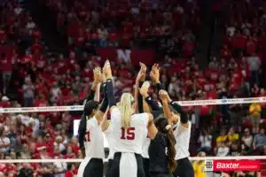 Nebraska Cornhuskers huddle up against the Wichita State during the college volleyball match Saturday, September 15, 2024, in Lincoln, Nebraska. Photo Jaelle Johnson.