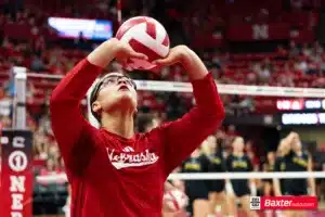Nebraska Cornhusker Rebekah Allick (5) sets the ball in warm-ups before taking on Wichita State during the college volleyball match Saturday, September 15, 2024, in Lincoln, Nebraska. Photo Jaelle Johnson.