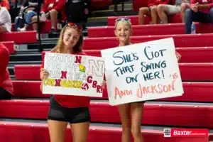 Nebraska Cornhusker fans posing with their sign before the Huskers take on Wichita State during the college volleyball match Saturday, September 15, 2024, in Lincoln, Nebraska. Photo Jaelle Johnson.