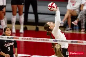 Nebraska Cornhusker Bergen Reilly (2) sets the ball against the Arizona State Sundevils during the college volleyball match Friday, September 13, 2024, in Lincoln, Nebraska. Photo John S. Peterson.