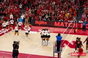 Nebraska Cornhuskers celebrate the win over Arizona State Sundevils in three sets during the college volleyball match Friday, September 13, 2024, in Lincoln, Nebraska. Photo John S. Peterson.