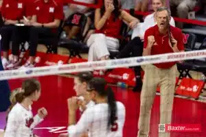 Nebraska Cornhusker head coach encourages the Huskers against the Arizona State Sundevils in set three8 during the college volleyball match Friday, September 13, 2024, in Lincoln, Nebraska. Photo John S. Peterson.