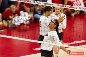 Nebraska Cornhusker Rebekah Allick (5) celebrates a point against the Arizona State Sundevils in the third set during the college volleyball match Friday, September 13, 2024, in Lincoln, Nebraska. Photo John S. Peterson.