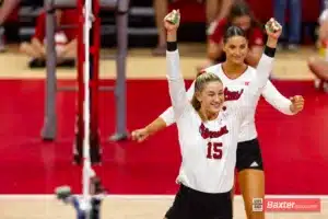 Nebraska Cornhusker Andi Jackson (15) celebrates a block against the Arizona State Sundevils in the third set during the college volleyball match Friday, September 13, 2024, in Lincoln, Nebraska. Photo John S. Peterson.