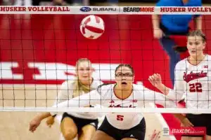 Nebraska Cornhusker Rebekah Allick (5) tracks the ball against the Arizona State Sundevils in the second set during the college volleyball match Friday, September 13, 2024, in Lincoln, Nebraska. Photo John S. Peterson.