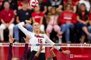 Nebraska Cornhusker Andi Jackson (15) spikes the ball against the Arizona State Sundevils in the second set during the college volleyball match Friday, September 13, 2024, in Lincoln, Nebraska. Photo John S. Peterson.