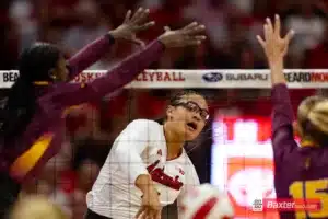Nebraska Cornhusker Rebekah Allick (5) splikes the ball against the Arizona State Sundevils in the second set during the college volleyball match Friday, September 13, 2024, in Lincoln, Nebraska. Photo John S. Peterson.