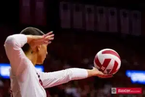 Nebraska Cornhusker Merritt Beason (13) serves the ball against the Arizona State Sundevils in the first set during the college volleyball match Friday, September 13, 2024, in Lincoln, Nebraska. Photo John S. Peterson.