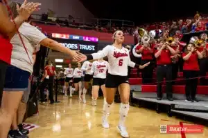 Nebraska Cornhusker Laney Choboy (6) running out on to the court to take on the Arizona State Sundevils during the college volleyball match Friday, September 13, 2024, in Lincoln, Nebraska. Photo John S. Peterson.