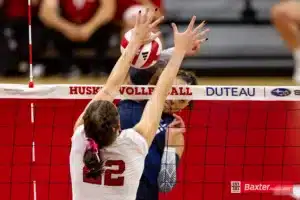 Nebraska Cornhusker outside hitter Lindsay Krause (22) blocks Creighton Bluejay middle blocker Jaya Johnson (6) in the second set during the college volleyball match Tuesday, September 10, 2024, in Lincoln, Nebraska. Photo John S. Peterson.
