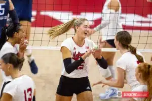 Nebraska Cornhusker middle blocker Andi Jackson (15) celebrates a kill against the Creighton Bluejays in the second set during the college volleyball match Tuesday, September 10, 2024, in Lincoln, Nebraska. Photo John S. Peterson.
