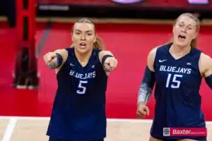 Creighton Bluejay middle blocker Kiara Reinhardt (5) celebrates a kill against the Nebraska Cornhuskers in the first set during the college volleyball match Tuesday, September 10, 2024, in Lincoln, Nebraska. Photo John S. Peterson.