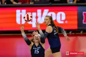 Creighton Bluejay Kendra Wait sets the ball against the Nebraska Cornhuskers during the college vooleyball match Tuesday, September 10, 2024, in Lincoln, Nebraska. Photo John S. Peterson.