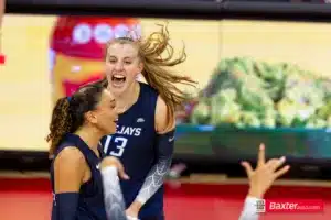 Creighton Bluejay Elise Goetzinger celebrates a kill against the Nebraska Cornhuskers during the college vooleyball match Tuesday, September 10, 2024, in Lincoln, Nebraska. Photo John S. Peterson.