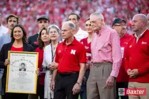 Nebraska Cornhusker coaches Frank Solich and Tom Osborne celebrates Frank Solich induction to the College Hall of Fame during the college football game Saturday, September 7, 2024, in Lincoln, Nebraska. Photo John S. Peterson.