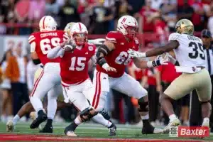 Nebraska Cornhusker quarterback Dylan Raiola (15) scrambles with the ball during the college football game Saturday, September 7, 2024, in Lincoln, Nebraska. Photo John S. Peterson.