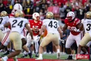 Nebraska Cornhusker quarterback Dylan Raiola (15) drops back to pass against the Colorado Buffaloes during the college football game Saturday, September 7, 2024, in Lincoln, Nebraska. Photo John S. Peterson.