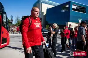 Nebraska Cornhusker offensive lineman Ben Scott (66) arrives for the game against the Colorado Buffaloes during the college football game Saturday, September 7, 2024, in Lincoln, Nebraska. Photo John S. Peterson.