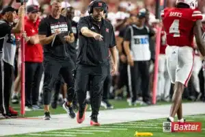 Nebraska Cornhusker head coach Matt Rhule points out the penlty fdlag against the Colorado Buffaloes in the secon quarter during the college football game Saturday, September 7, 2024, in Lincoln, Nebraska. Photo John S. Peterson.