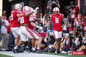 Nebraska Cornhusker defensive back Tommi Hill (6) makes a pick 6 against the Colorado Buffaloes in the first quarter during the college football game Saturday, September 7, 2024, in Lincoln, Nebraska. Photo John S. Peterson.