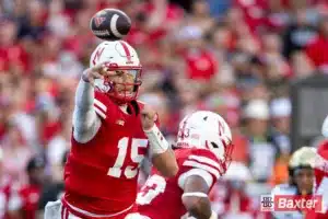 Nebraska Cornhusker quarterback Dylan Raiola (15) makes a pass against the Colorado Buffaloes in the first quarter during the college football game Saturday, September 7, 2024, in Lincoln, Nebraska. Photo John S. Peterson.