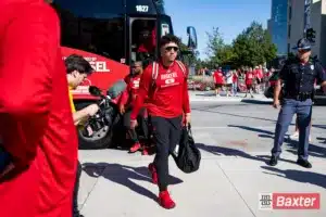 Nebraska Cornhusker quarterback Dylan Raiola (15) arrives to take on Colorado Buffaloes during the college football game Saturday, September 7, 2024, in Lincoln, Nebraska. Photo John S. Peterson.