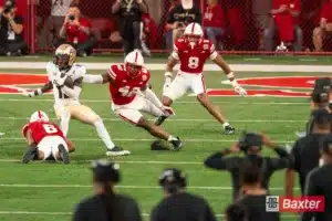 Nebraska Cornhuskers linebacker MJ Sherman (48)tries to wrangle the ball carrier during a game against the Colorado Buffaloes Saturday, September 7th 2024 at Memorial Stadium in Lincoln, Nebraska. Nebraska Photo by Eric Francis