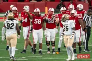 Nebraska Cornhuskers offensive line cheer a penalty during a game against the Colorado Buffaloes Saturday, September 7th 2024 at Memorial Stadium in Lincoln, Nebraska. Nebraska Photo by Eric Francis
