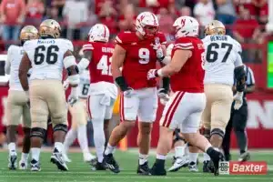 Nebraska Cornhuskers defensive lineman Ty Robinson (9) and Nebraska Cornhuskers defensive lineman Nash Hutmacher (0) celebrate a sack during a game against the Colorado Buffaloes Saturday, September 7th 2024 at Memorial Stadium in Lincoln, Nebraska. Nebraska Photo by Eric Francis