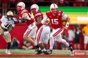 Nebraska Cornhuskers quarterback Dylan Raiola (15) runs for a first down during a game against the Colorado Buffaloes Saturday, September 7th 2024 at Memorial Stadium in Lincoln, Nebraska. Nebraska Photo by Eric Francis
