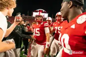 Nebraska Cornhuskers quarterback Dylan Raiola (15) greeted by fans after a game against the Colorado Buffaloes Saturday, September 7th 2024 at Memorial Stadium in Lincoln, Nebraska. Nebraska Photo by Eric Francis