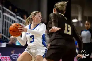 Creighton Bluejay guard Sydney Golladay (3) looks to pass against Southwest Minnesota State Mustang forward Kenzie Jones (13) in the second half during a college women’s basketball game Thursday, October 30, 2024, in Lincoln, Nebraska. Photo by John S. Peterson.
