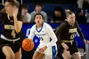 Creighton Bluejay guard Kiani Lockett (11) brings the ball down court against the Southwest Minnesota State Mustangs in the second half during a college women’s basketball game Thursday, October 30, 2024, in Lincoln, Nebraska. Photo by John S. Peterson.
